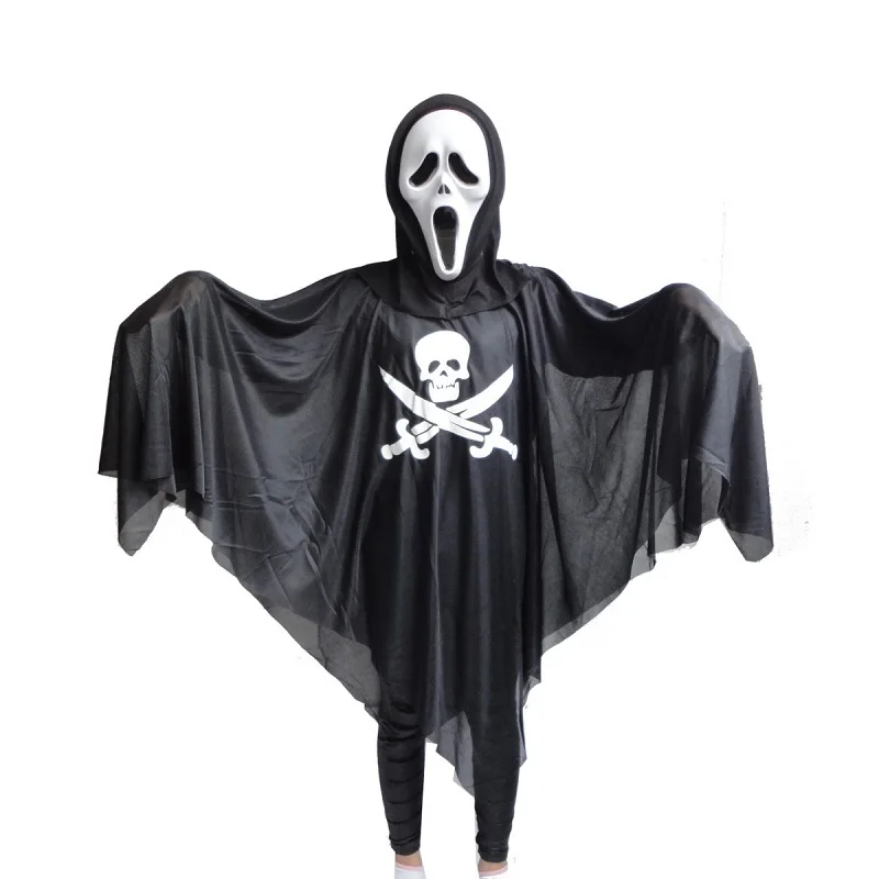 Для мужчин Для женщин Череп плащ cotume Хеллоуин костюм для взрослых Пират платье халат смерть Косплэй черный костюм призрака