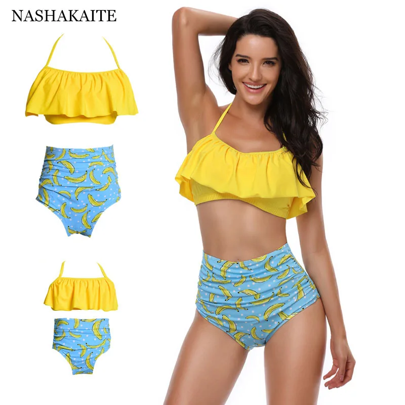 

NASHAKAITE Mommy and me Swimsuit Summer Ruffled Banana Print 2pcs set mae e filha swimsuits mom mom Family Swimsuit