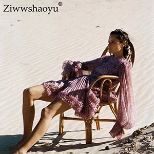 Ziwwshaoyu/новое летнее женское платье, сексуальный О-вырез, платье в богемном стиле с цветочным рисунком, шелковое пляжное мини-платье с оборками и шелковой подкладкой - Цвет: Красный