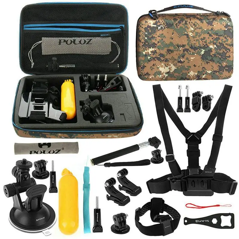 

PULUZ 20 in 1 Accessories Combo Kit(Chest Strap+Suction Cup Mount+3-Way Pivot Arm+J-Hook Buckles+Monopod+Tripod Adapter+Bobber