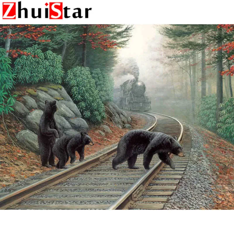 

5D DIY Diamond Embroidered Brown Bear & Train Cross Stitch Mosaic Animal Full Square Diamond Decoration Home XY1