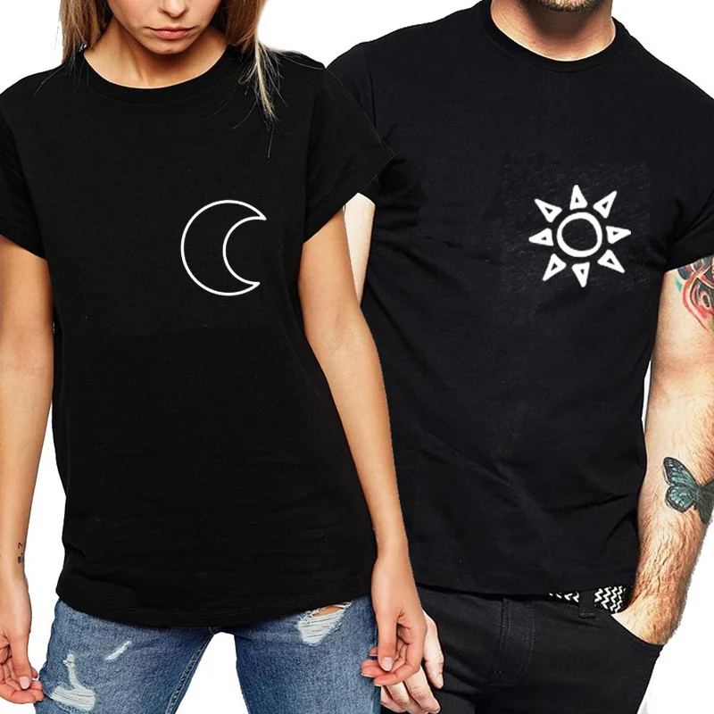 Летние Новые Модные подходящие женские футболки футболка с принтом Sun and Moon