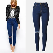 2017 Top Fashion Women Clothing Pencil Jeans Knee Hole Skinny Jeans Female High Waist Elastic 100% Cotton Denim Pants Trousers