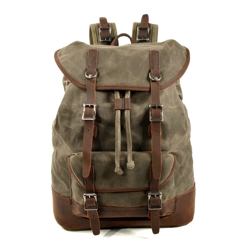 M264 винтажный кожаный рюкзак с масляным воском, Большой Вместительный рюкзак для подростков, водонепроницаемый рюкзак для путешествий, рюкзак для ноутбуков, школьная сумка - Цвет: Армейский зеленый