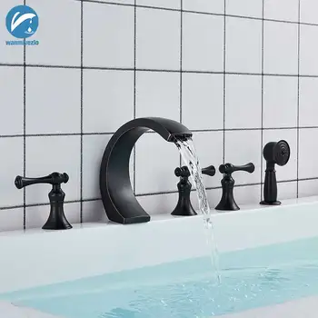 

Black Bronze 5pcs Waterfall Bathtub Faucet Brass Waterfall Bathroom Faucet 3 Handles Mixer Tap Torneiras Pull out Handshower