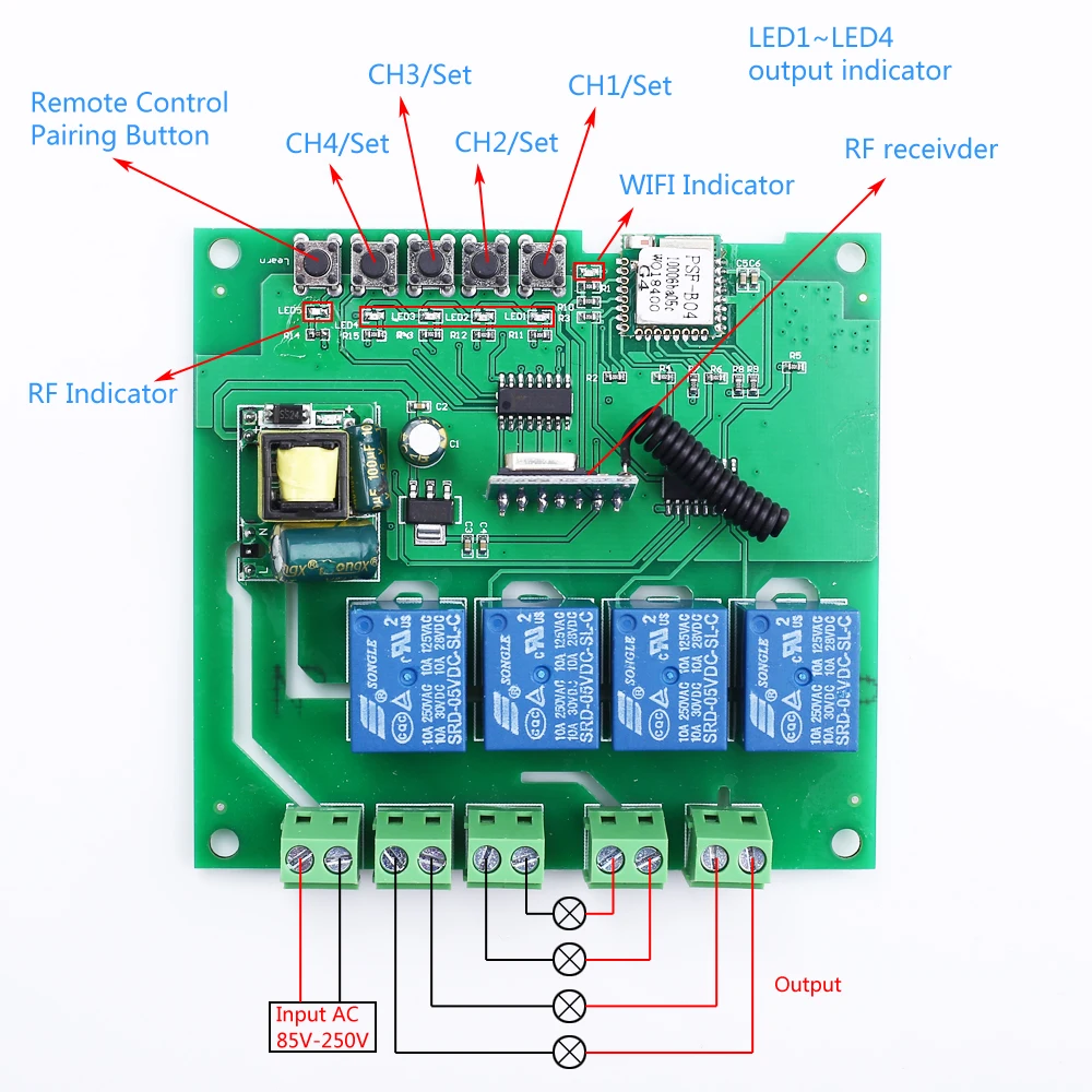 4 канала 2,4G IoT 10A Беспроводной WI-FI интеллектуальные Управление переключатель самоблокирующимся реле модуля AC 85 V-250 V с пультом дистанционного управления