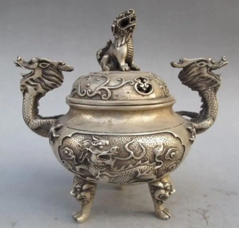 Silver Bronze Dragon Incense Burner & Lion Lid w Ming Dynasty Xuan De