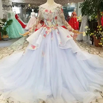 

LSS226 light blue evening dress long o-neck color flowers champagne prom dress long sleeves purple girls pageant party dresses