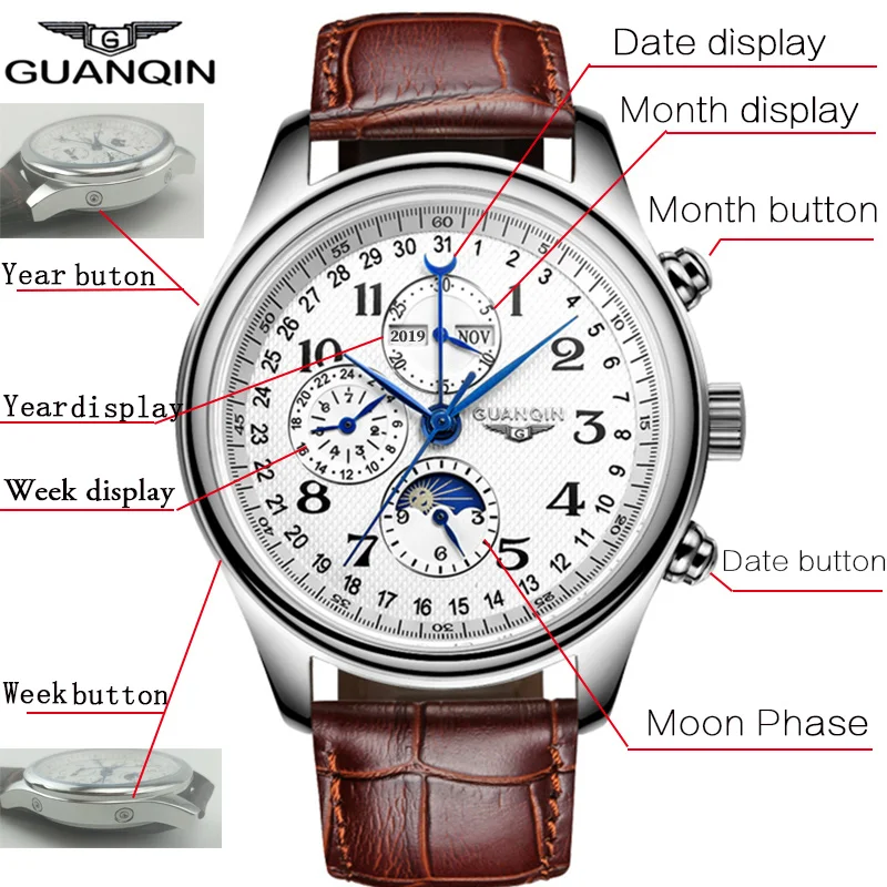 Guanqin Automatic Sapphire Mechanical Men Watches Top Brand Luxury Waterproof Date Calendar Leather-2