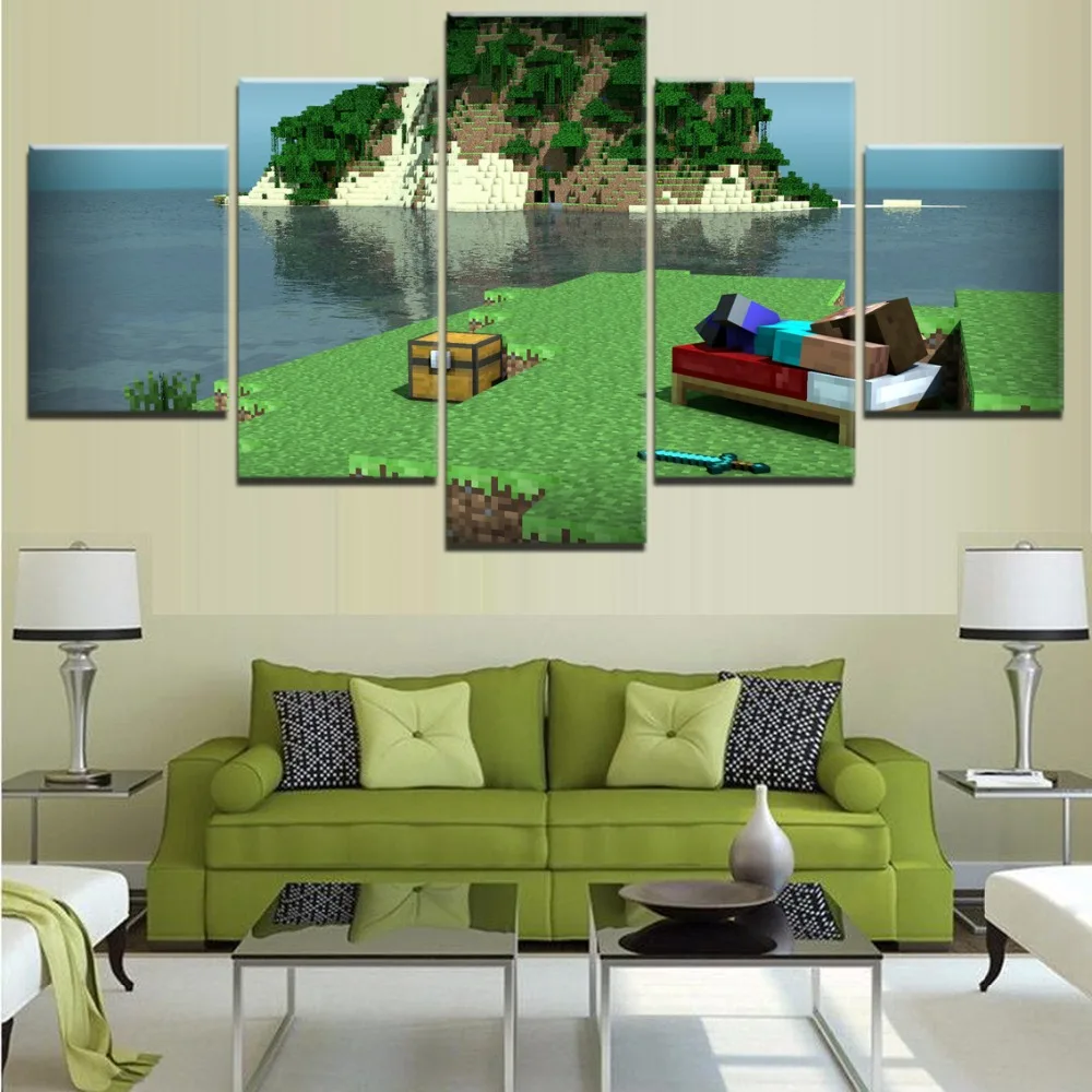 

Canvas HD Print River Side Landscape Picture Wall Art Decor Framework 5 Pieces Minecraft Modern Home Decor Painting Game Poster