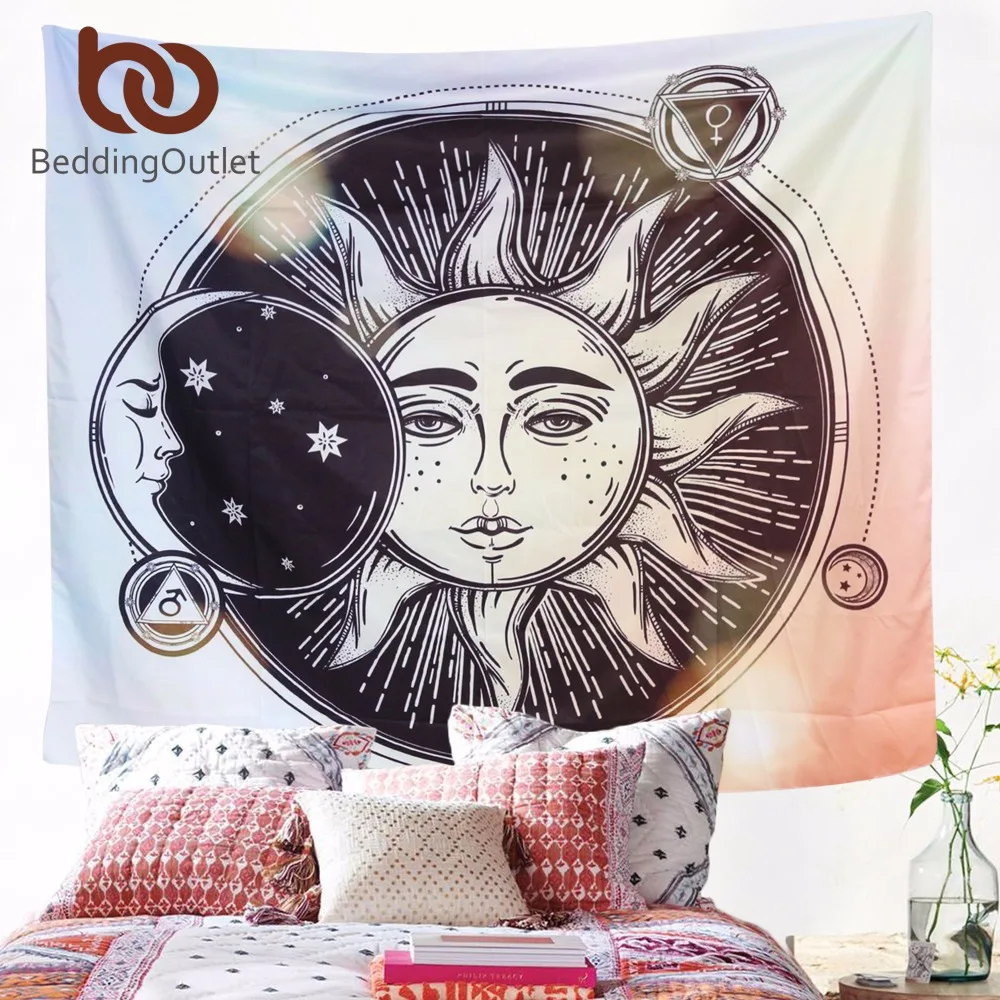 Kopen BeddingOutlet Zon Maan Hippie Tapijt Muur Opknoping Indiase Bohemian Celestial Gedrukt Window Deur Gordijn 130x150 cm 150x200 cm