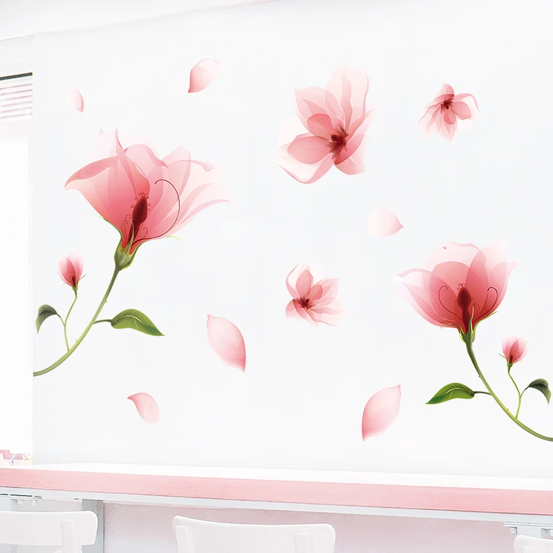 

[SHIJUEHEZI] Pink Color Flowers Wall Stickers DIY Plant Mural Decals for Parlour Dormitory Living Room Kids Bedroom Decoration