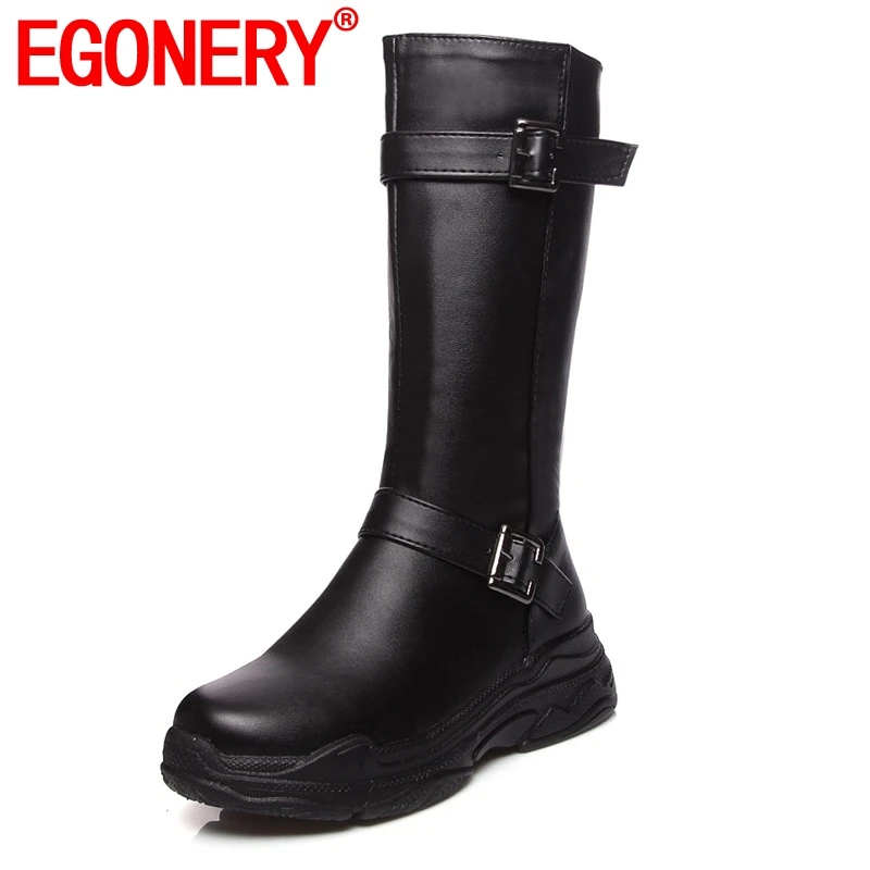 

EGONERY 2019 new women concise casual mid calf boots winter warm round toe med wedges platform metal buckle slip-on ladies shoes