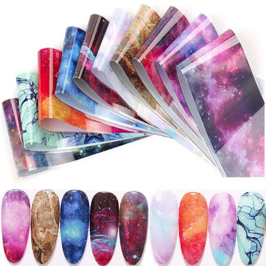 

10pc/pack Floral Transfer Nail Foil Decal Paper UV Gel Polish Flower Starry Sky Gradient Nail Art Foil Adhesive Stickers Decore