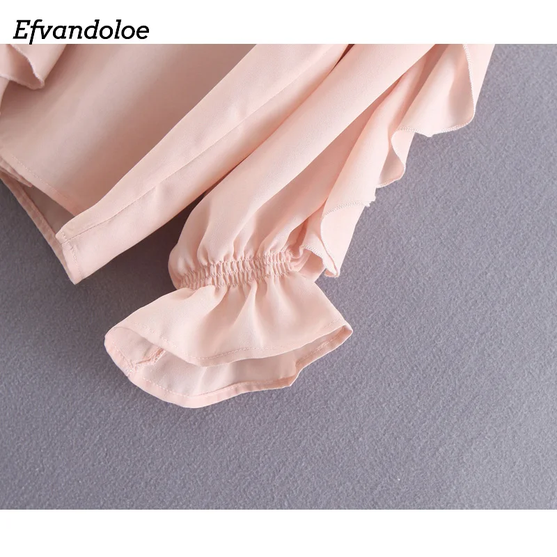 Efvandoloe Розовая Шифоновая Блузка с оборками летние топы элегантные рубашки