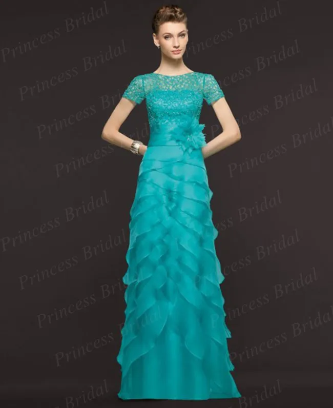 Free Shipping Sheath Short Sleeves Floor Length Tiered Organza Evening