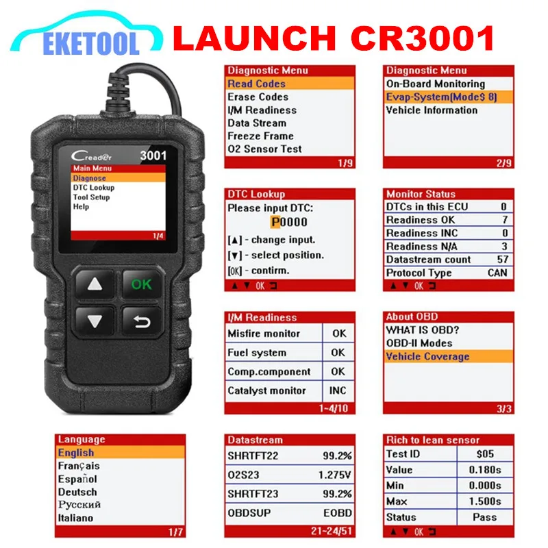 LAUNCH CREADER 3001 Code Reader Multi Language Russian Supports OBD2 ...