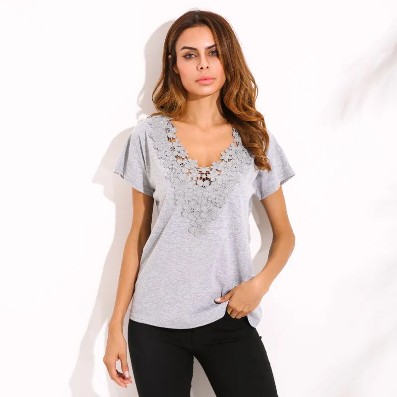 

ZANZEA Women Short Sleeve Low Cut Sexy V Neck Pullover Blouse Summer Female Lace Crochet Hollow Out Blusas Casual Solid Shirt