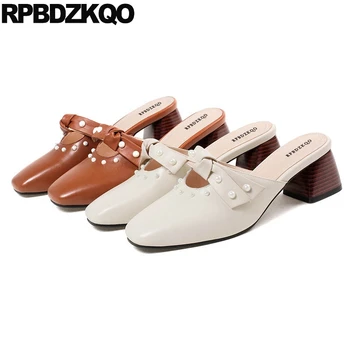 

Cork Shoes Block Slides Brown Bow Spring Mules Women Sandals 2018 Summer High Heels Bowtie Closed Toe Beige Pearl Pumps Slippers
