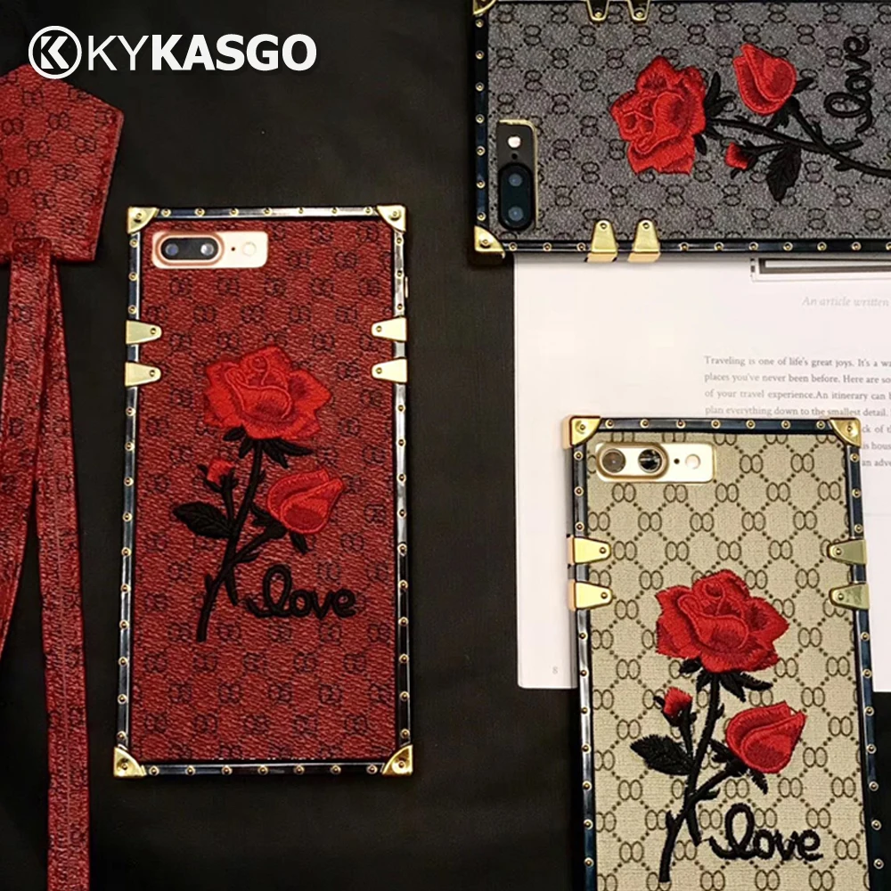 

1000pcs 3D Embroidery Rose Vintage Lanyard Leather+TPU Case For iPhone X 8 7 Plus 6 6S Phone Case Handmade Shockproof Back Cover