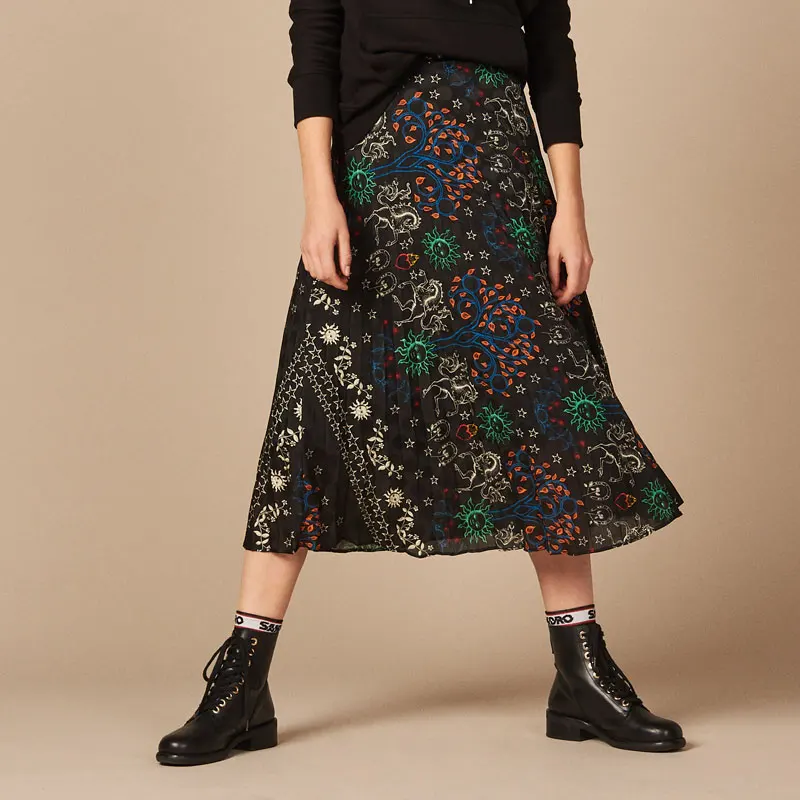 Плиссированная длинная юбка с цветочным принтом- весна-лето новая женская Стильная юбка