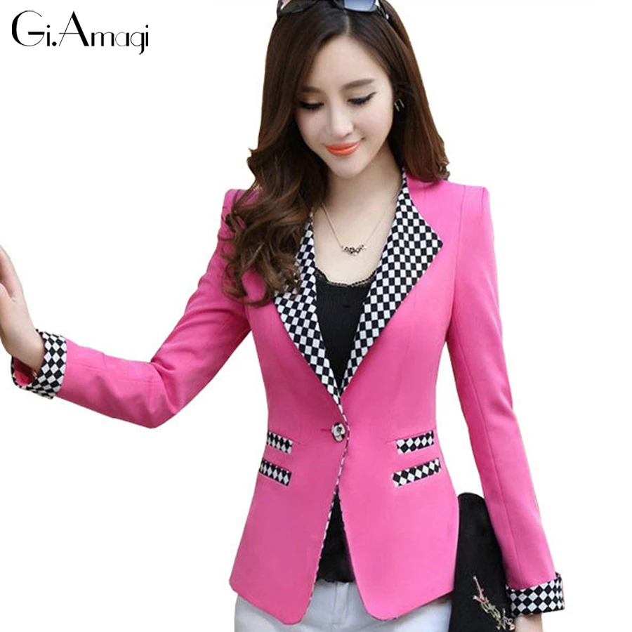 

2016 Ladies Plaid blazer coat Feminino Plus Size Formal Jacket Women's White Blaser Rosa Female Blue Women Suit Office Ladies