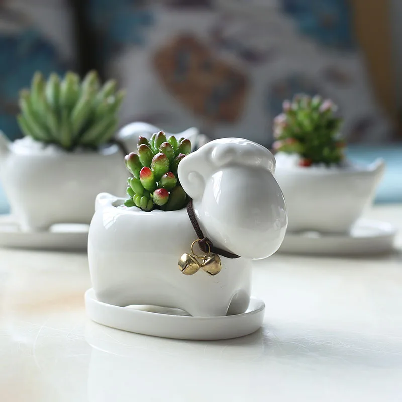 

White Ceramic Succulent Flower Pot Creative Desktop Green Plant Animal Shape Porcelain Pot with Pot Tray Home Garden Decorations