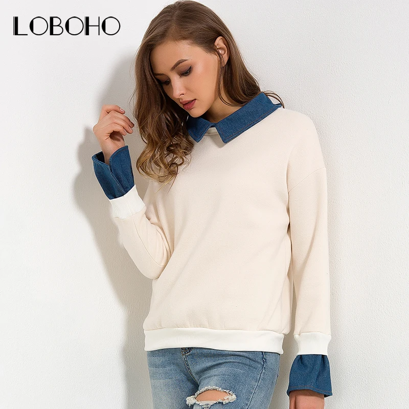 

Casual Fleece Sweatshirt Autumn Winter 2017 Fashion Collar Flare Long Sleeve Sweatshirts Women Patchwork Denim Cotton Sweatshirt