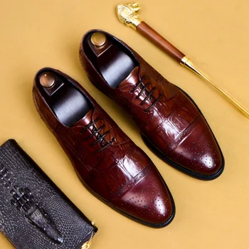 

2019 Vintage Design Genuine Leather Formal Semi Brogues Shoes Round Toe Derby Men's Breathable Office Oxfords For Male AS133