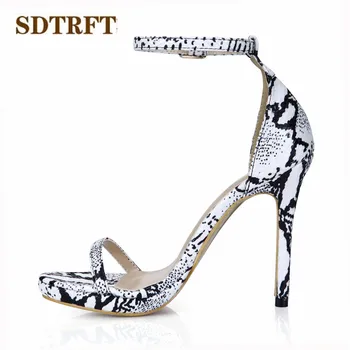 

SDTRFT zapatos mujer Summer sexy Buckle Snakes print sandals 12cm thin high heels Open Toe wedding shoes woman Ankle Strap pumps