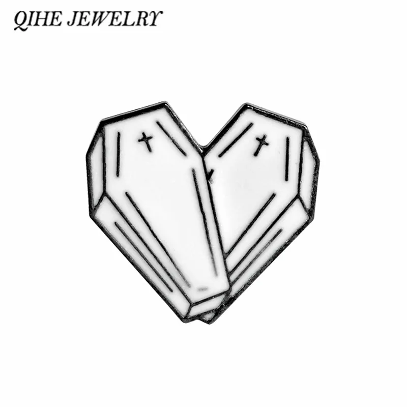 

QIHE JEWELRY Black white coffin heart pin Lapel pin Brooches Badges Backpack Bags Leather jackets Accessories Punk pins