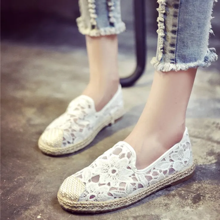 

Women flats loafers white lace hemp sole slip on casual shoes flats flat heel solid color elegant lady spring summer shoe 35-40