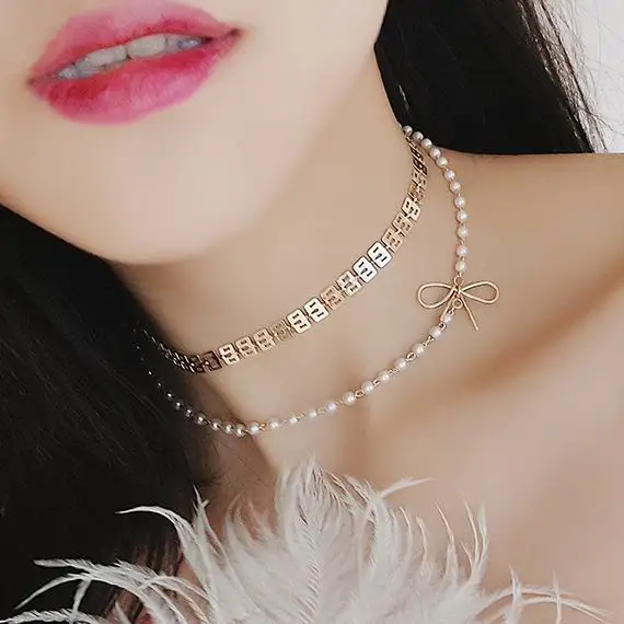 

MENGJIQIAO 2018 New Elegant Double Layer Cute Bowknot Choker Necklace Women Fashion Simulated Pearl Short Kolye Femme