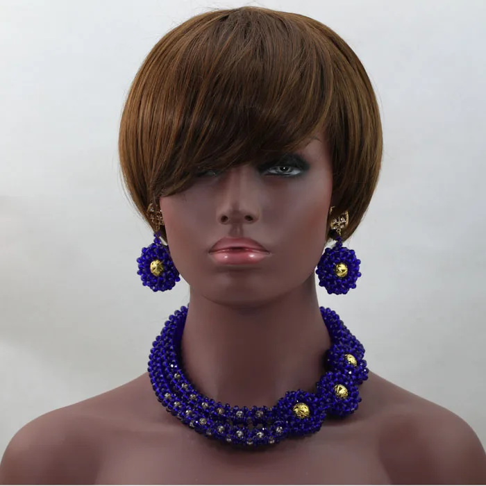 Latest African Jewelry Set Blue Mix Gold Nigerian Wedding Crystal Beads Necklaces Sets Free Shipping HX596 | Украшения и