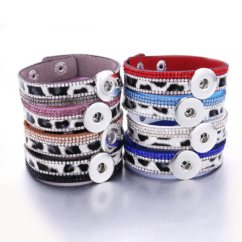 

New Snap Button Bracelet Crystal rhinestone Bangle Leopard print Snap Leather Bracelet fit 18MM Snap buttons jewelry