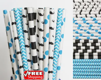 

200pcs Mixed 4 Designs Blue and Black Themed Paper Straws-Striped,Polka Dot,Chevron,Mustache Birthday Party Colored Printed Bulk