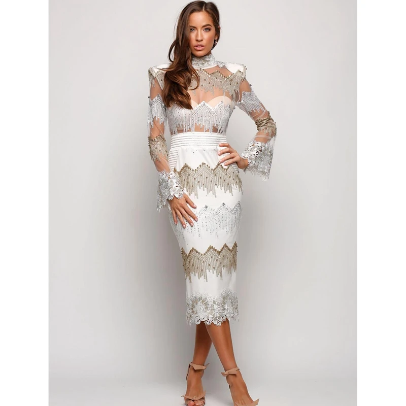 

Latest Fashion Hot Selling Celebrity Women Beads Long Sleeve Sequin Long Dress Cocktail Gown Vestido Tassel Elegant White Dress