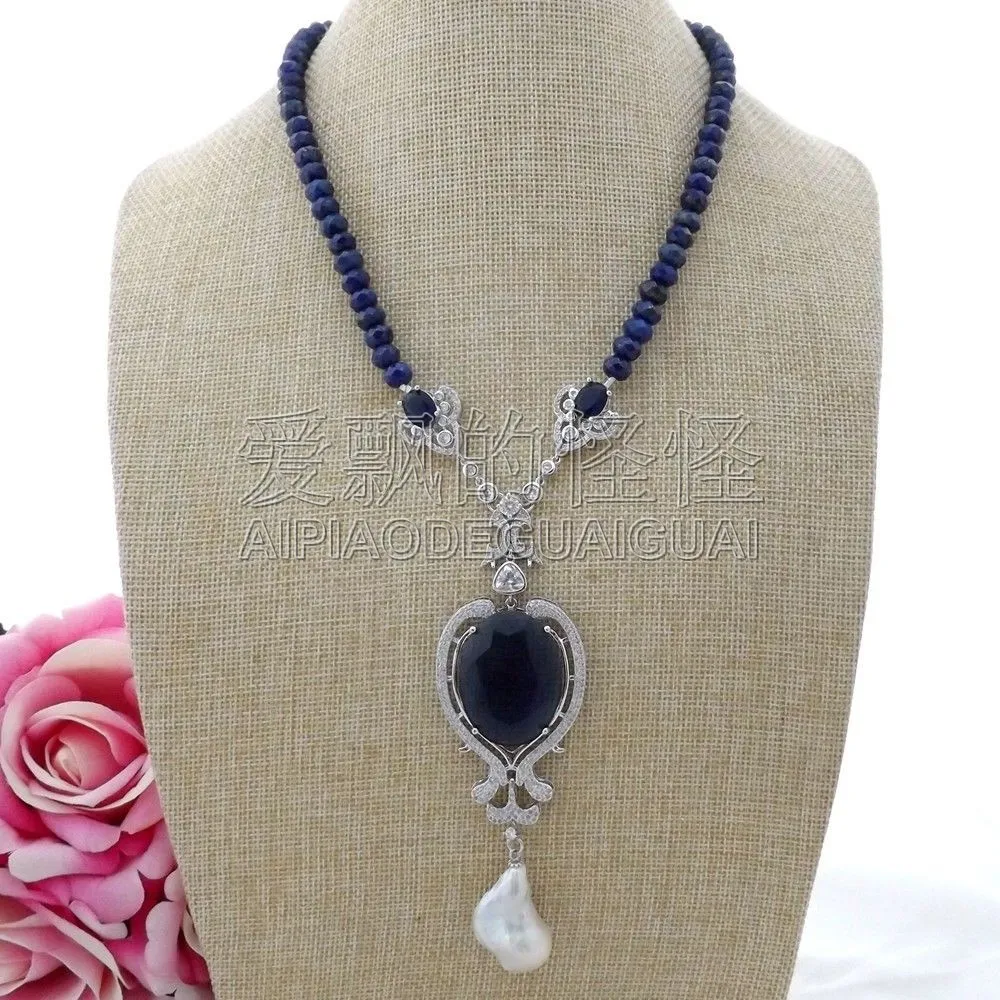 

N110107 19'' Faceted Rondelle Lapis Necklace Keshi Pearl CZ Pendant