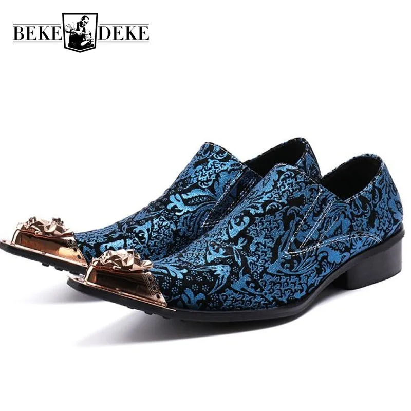 Sapatas Floral Escritório Masculino Dos Sexo Mocassins Homens Do Italiano Apontou De Casamento Impresso Toe Genuíno Em Azul Festa Blue Banquete Couro Vestido Metal Deslizamento Xqpnadw