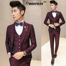 MAUCHLEY Prom Mens Suit With Pants Burgundy Floral Jacquard Wedding Suits for Men Slim Fit 3 Pieces / Set (Jacket+Vest+Pants)