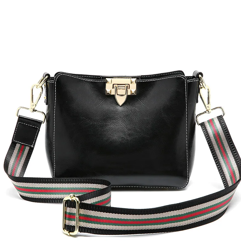 

Fashion bucket design high-grade leather women's handbag oil wax leather wide-band large-capacity slung shoulder bag women