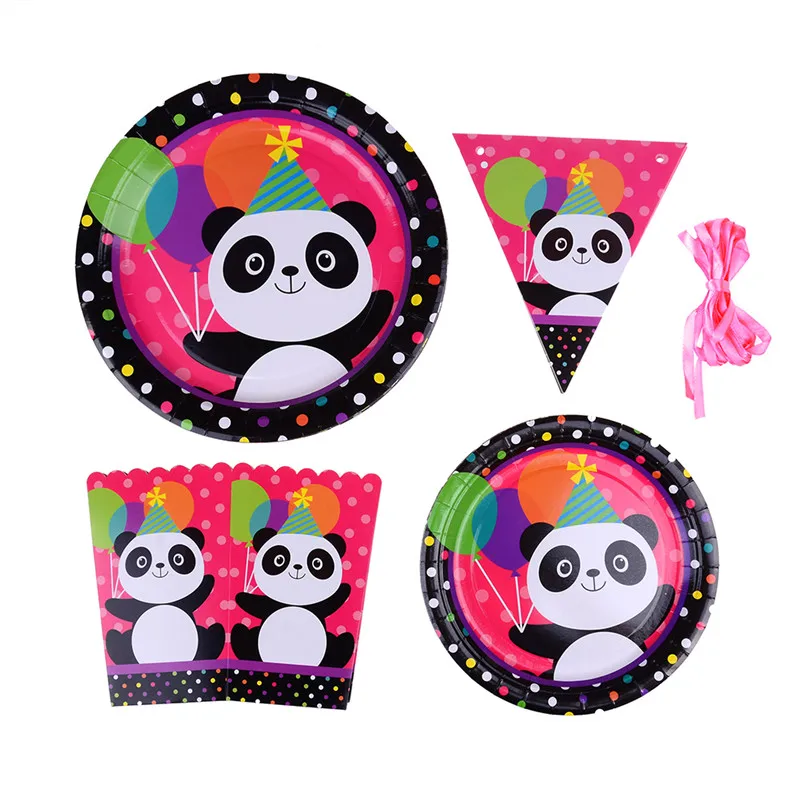 Lovely Cartoon Panda Paper Plate Cup Flag Banner Popcorn Box Party Decoration For Kids Birthday Supplies | Дом и сад