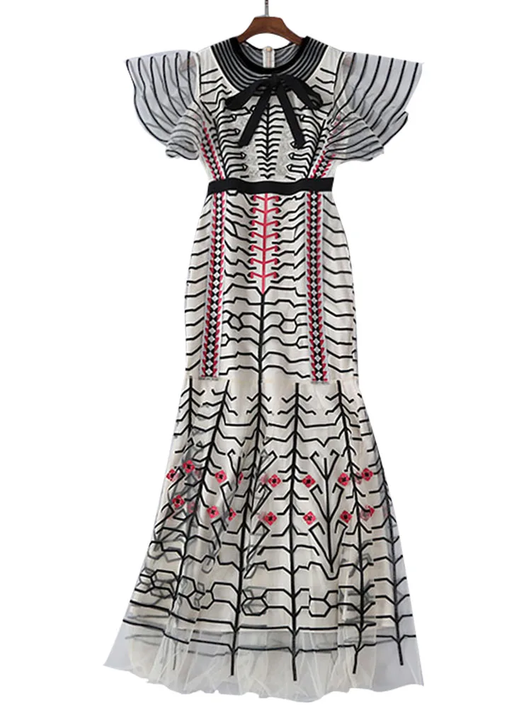 

Women Runway Maxi Dress 2019 High Quality Butterfly Sleeve Glorious Embroidery Elegant Party Dresses Beach Long Dress NP0176A1