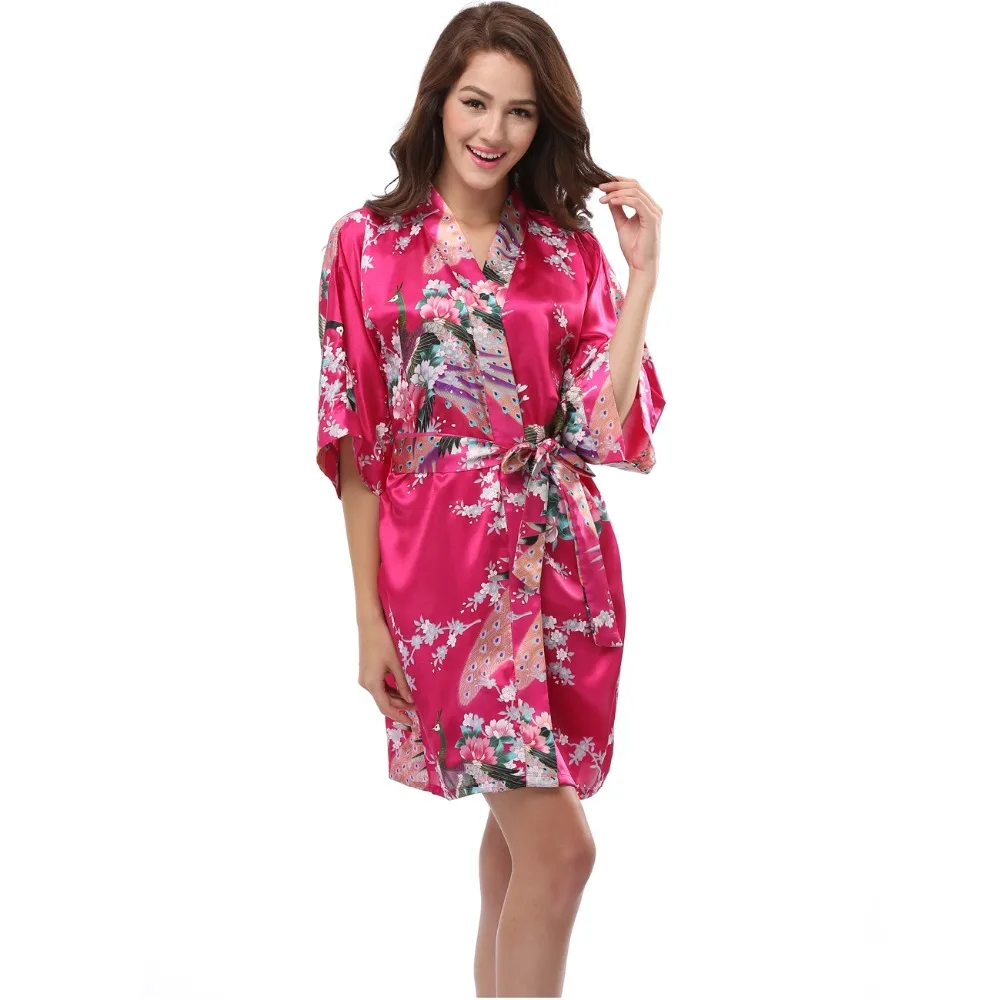 2018 Print Floral Silk Satin Bathrobe Kimono Peacock Design Bridesmaid