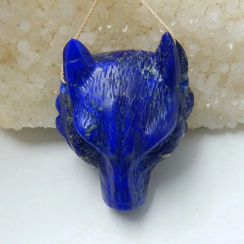 

Natural Gemstone Unique Lapis Lazuli hand carved wolf head pendant bead, 42x37x18mm, 37.2g
