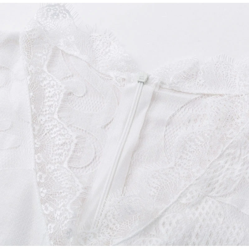 Элегантное летнее белое кружевное платье миди с вышивкой Feminino, открытые вечерние платья с расклешенными рукавами, повседневные сексуальные Клубные платья с v-образным вырезом