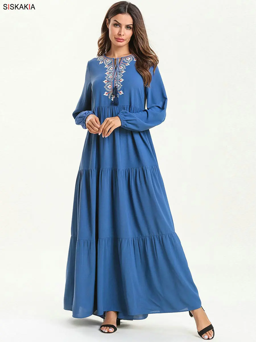Siskakia многослойное ДРАПИРОВАННОЕ лоскутное мусульманское длинное платье Рамадан однотонное этническое геометрическое Платье макси с вышивкой длинный рукав