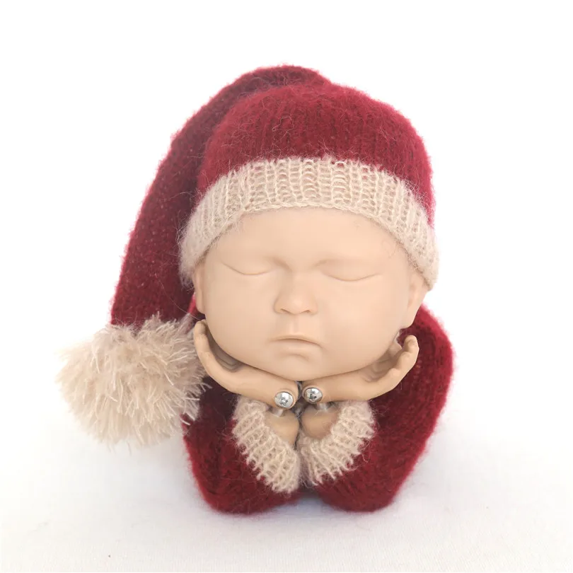 

Beige with Burgundy Newborn Photography Overall outfit Crochet Mohair baby girl romper Bonnet set Long tail Christmas Santa Hat