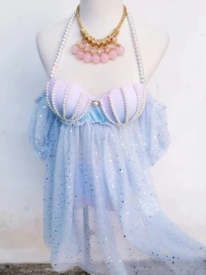 

The Mermaid Bikini Sequins Grenadine Gradient Pearl Shell Bubble Sleeve Separates Swimsuit For Women Free Shipping