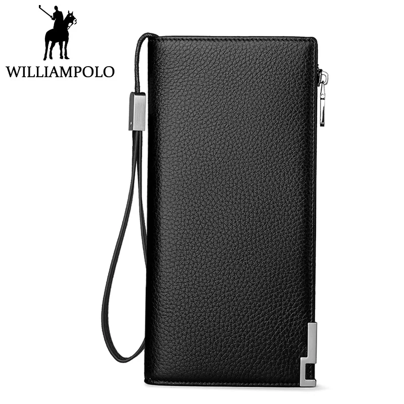 

WILLIAMPOLO Genuine Leather Card Holder Wallet Men Clutch Wallet Hand Strap Long Purse 24 Card Pocket Elegant Businessman Style